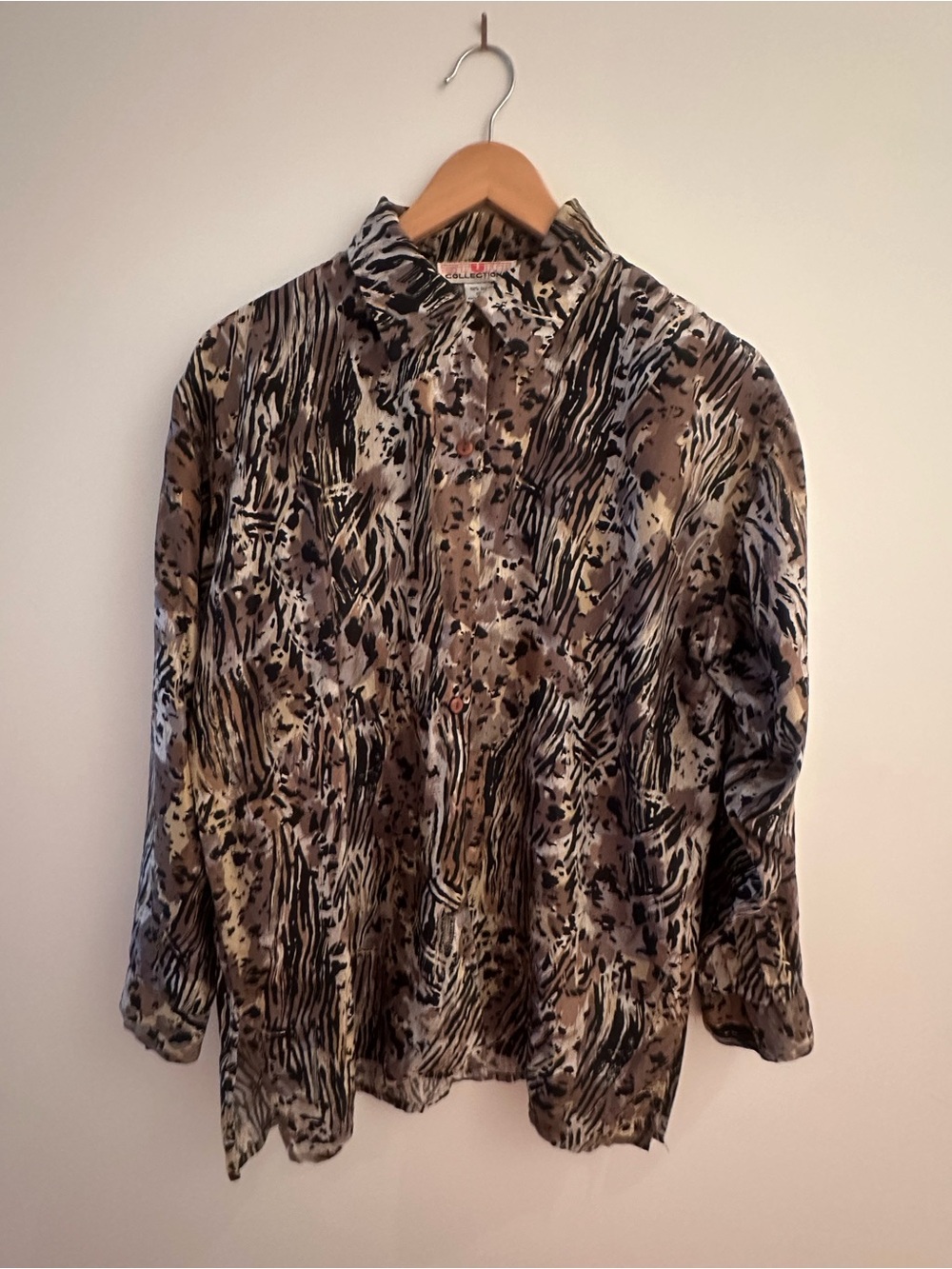 Womens Button-Up Animal Print Blouse - Brown/Black
